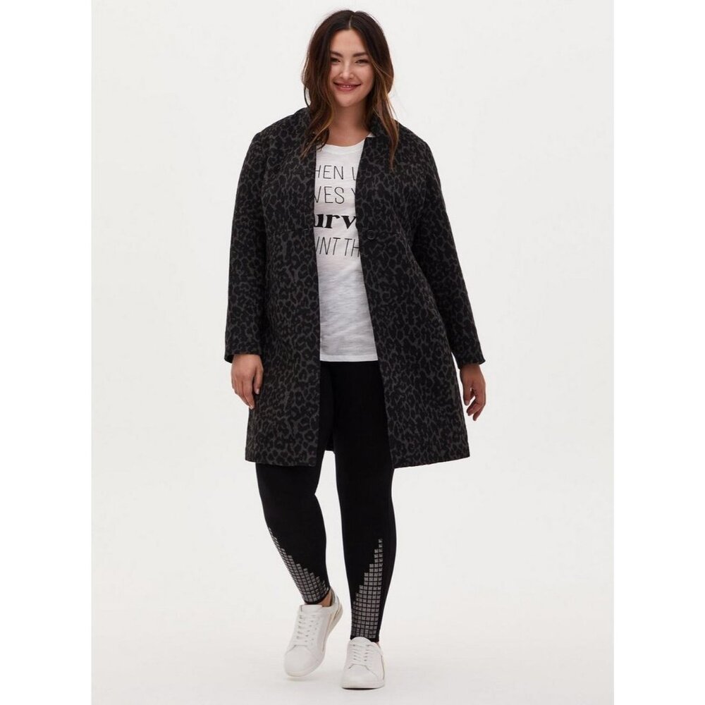 Torrid Leopard Print Coat 2X Gray Black Wool Blend Animal Print Longline
